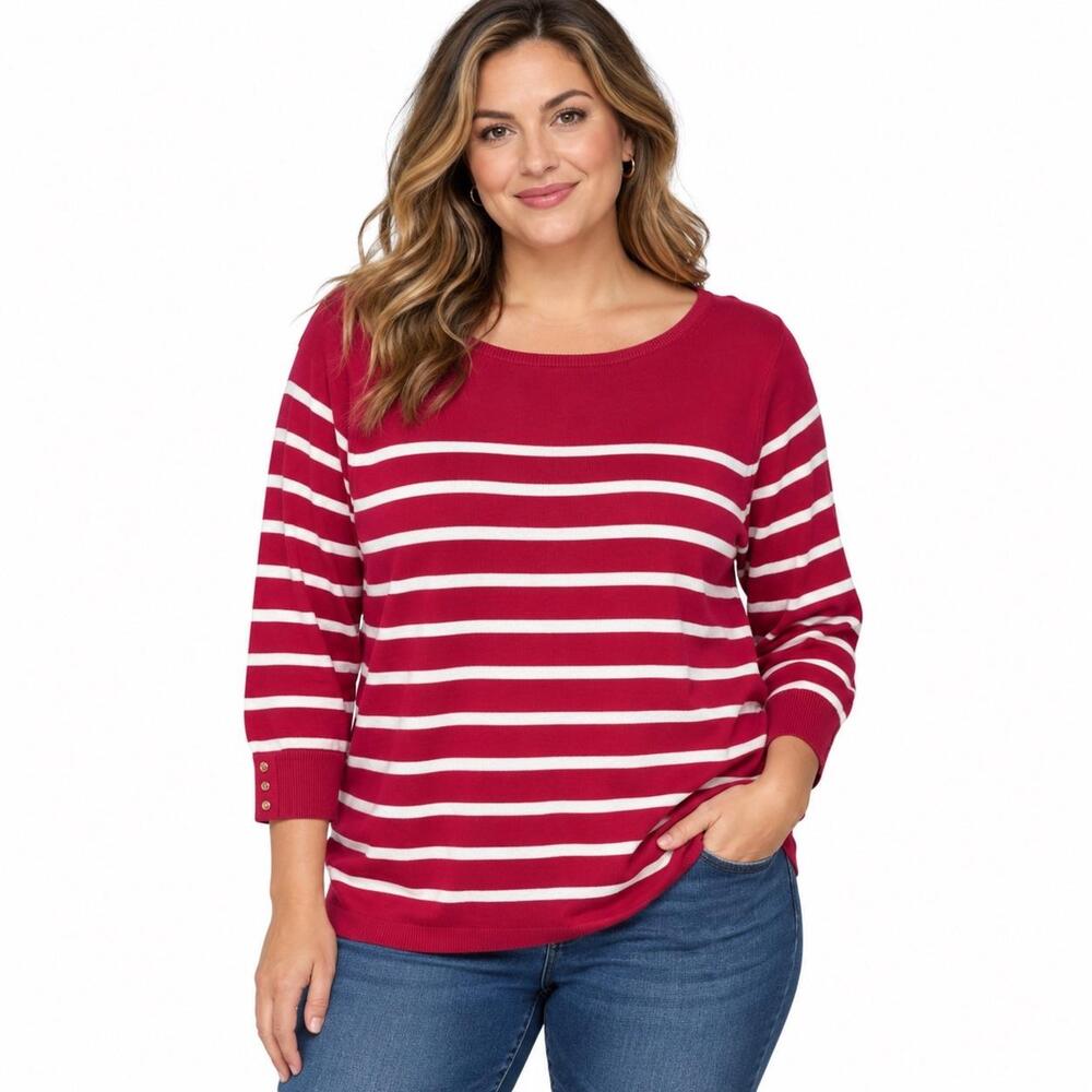 Talbots Sweater Womens XL Red Stripe Boat Neck 3/4 Sleeve Knit Cotton Pullover